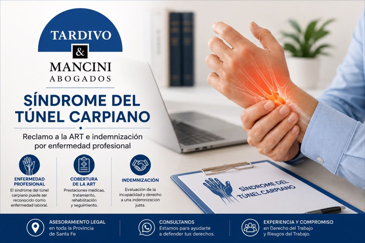 Ilustración sobre el síndrome del túnel carpiano con información sobre reclamo a la ART e indemnización por enfermedad profesional en Argentina.