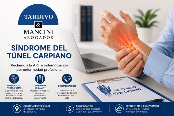 Ilustración sobre el síndrome del túnel carpiano con información sobre reclamo a la ART e indemnización por enfermedad profesional en Argentina.