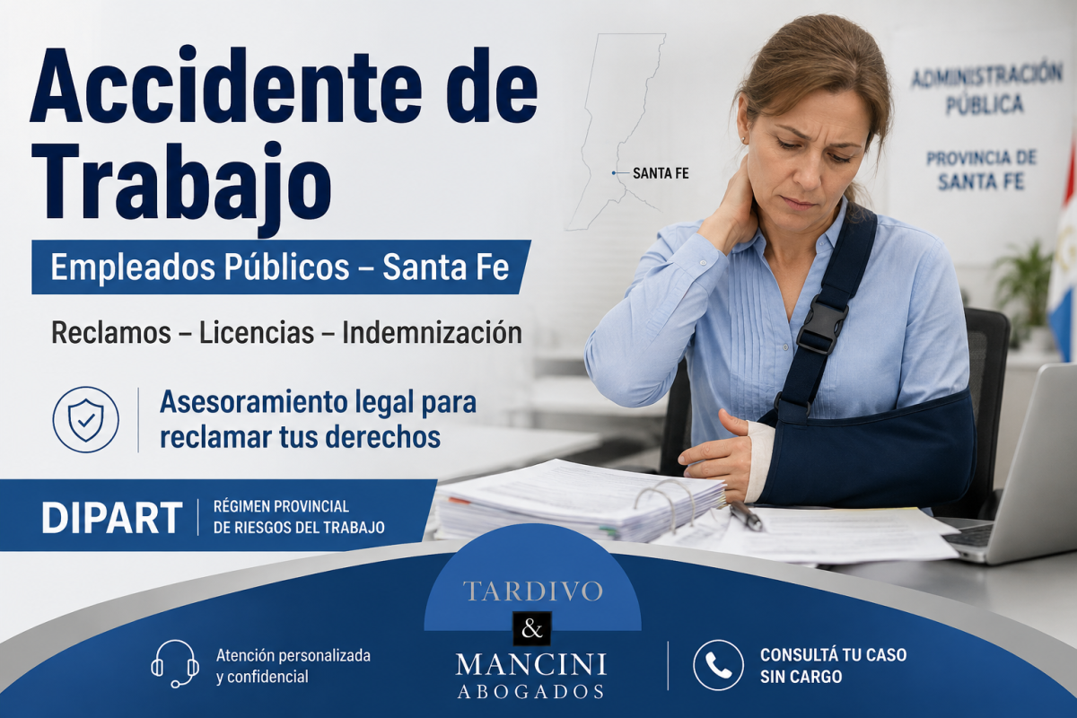 Empleada pública de Santa Fe con una lesión laboral recibiendo asesoramiento legal sobre reclamos, licencias e indemnización DIPART.