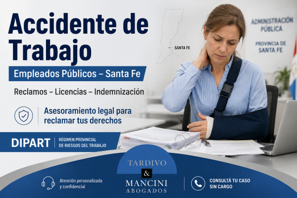 Empleada pública de Santa Fe con una lesión laboral recibiendo asesoramiento legal sobre reclamos, licencias e indemnización DIPART.