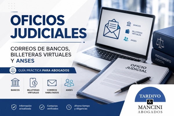 Imagen destacada sobre oficios judiciales con correos electrónicos de bancos, billeteras virtuales y ANSES – Tardivo & Mancini Abogados